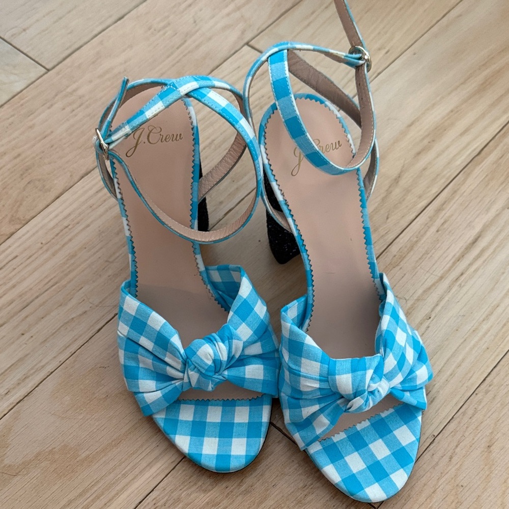 J. Crew Turquoise Gingham Heeled Sandals